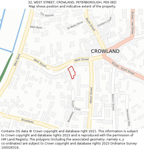 32, WEST STREET, CROWLAND, PETERBOROUGH, PE6 0ED: Location map and indicative extent of plot