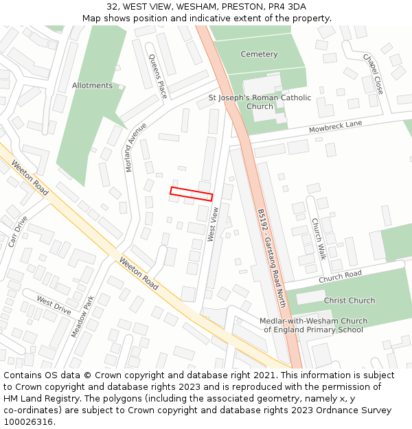 32, WEST VIEW, WESHAM, PRESTON, PR4 3DA: Location map and indicative extent of plot