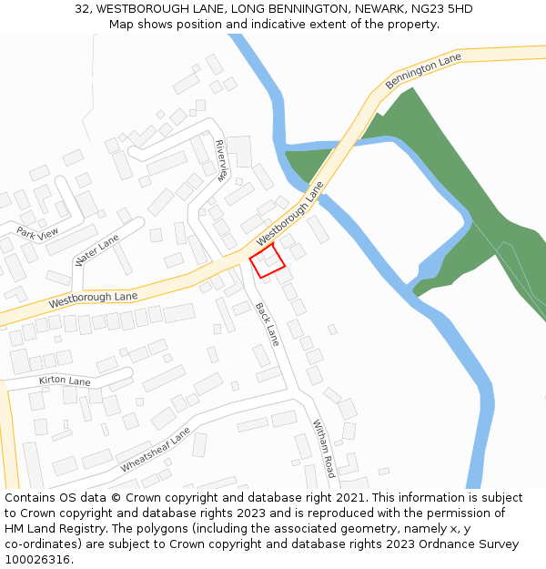 32, WESTBOROUGH LANE, LONG BENNINGTON, NEWARK, NG23 5HD: Location map and indicative extent of plot