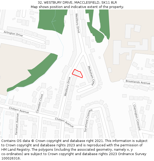 32, WESTBURY DRIVE, MACCLESFIELD, SK11 8LR: Location map and indicative extent of plot