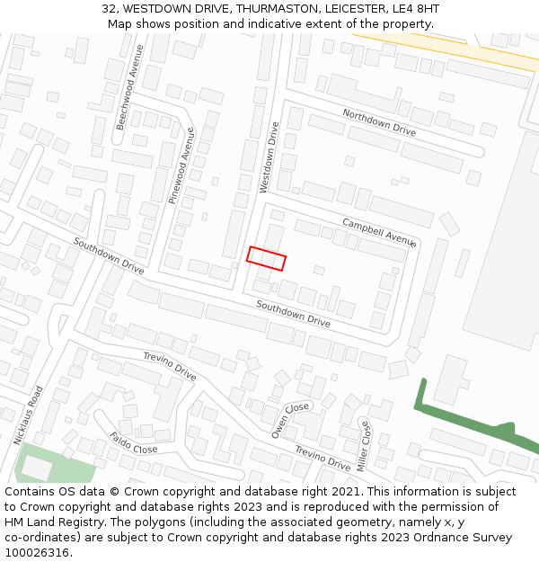 32, WESTDOWN DRIVE, THURMASTON, LEICESTER, LE4 8HT: Location map and indicative extent of plot