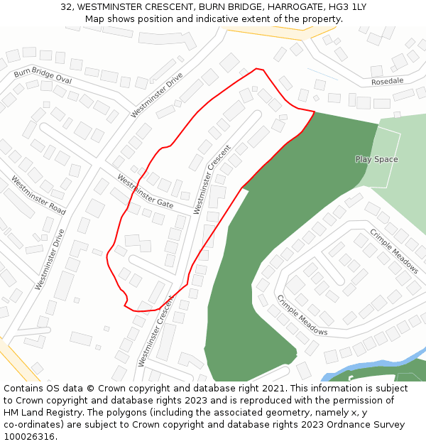 32, WESTMINSTER CRESCENT, BURN BRIDGE, HARROGATE, HG3 1LY: Location map and indicative extent of plot