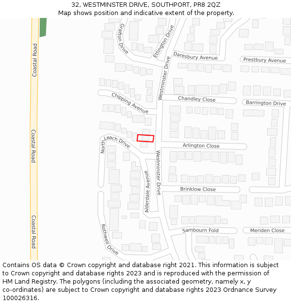 32, WESTMINSTER DRIVE, SOUTHPORT, PR8 2QZ: Location map and indicative extent of plot