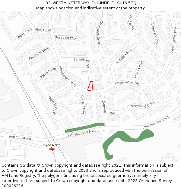 32, WESTMINSTER WAY, DUKINFIELD, SK16 5BQ: Location map and indicative extent of plot