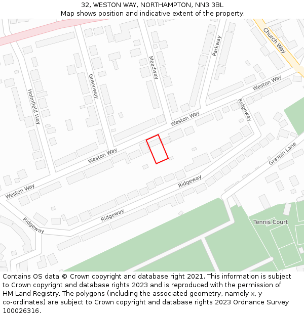 32, WESTON WAY, NORTHAMPTON, NN3 3BL: Location map and indicative extent of plot
