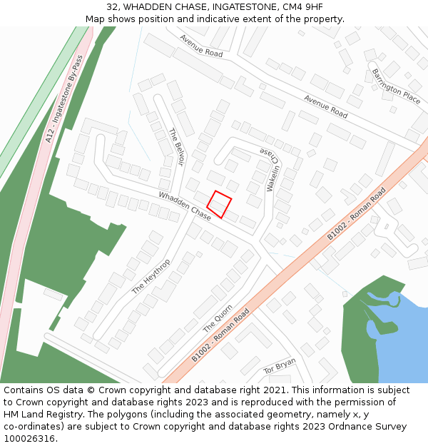 32, WHADDEN CHASE, INGATESTONE, CM4 9HF: Location map and indicative extent of plot