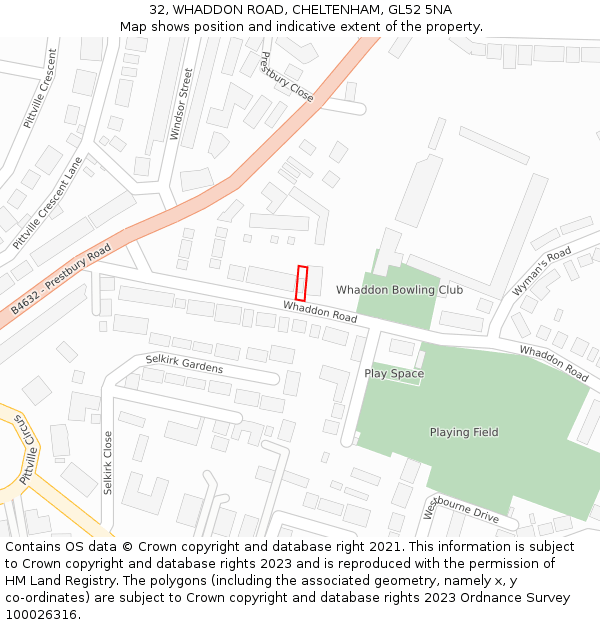 32, WHADDON ROAD, CHELTENHAM, GL52 5NA: Location map and indicative extent of plot
