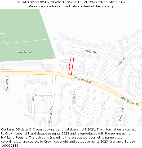 32, WHADDON ROAD, NEWTON LONGVILLE, MILTON KEYNES, MK17 0AW: Location map and indicative extent of plot