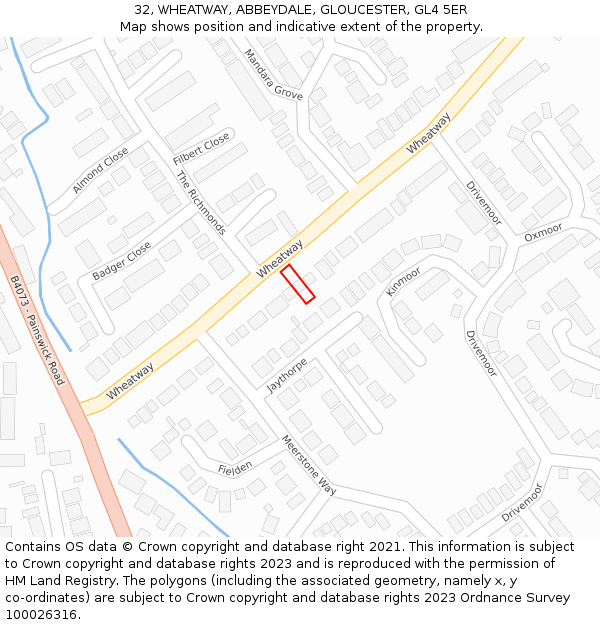 32, WHEATWAY, ABBEYDALE, GLOUCESTER, GL4 5ER: Location map and indicative extent of plot