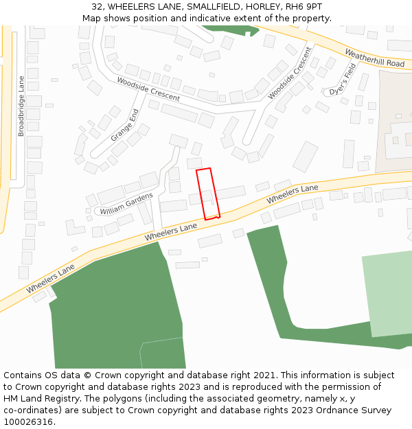 32, WHEELERS LANE, SMALLFIELD, HORLEY, RH6 9PT: Location map and indicative extent of plot