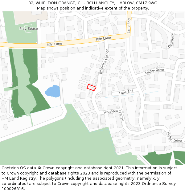 32, WHIELDON GRANGE, CHURCH LANGLEY, HARLOW, CM17 9WG: Location map and indicative extent of plot