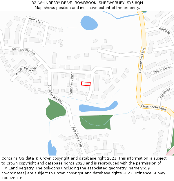 32, WHINBERRY DRIVE, BOWBROOK, SHREWSBURY, SY5 8QN: Location map and indicative extent of plot