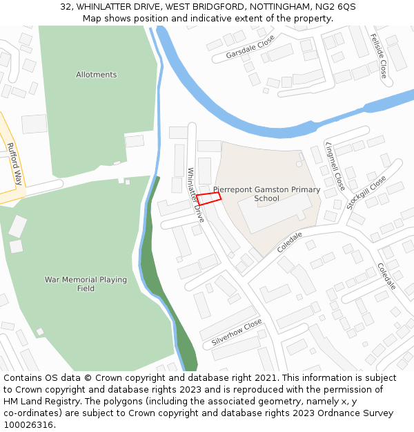 32, WHINLATTER DRIVE, WEST BRIDGFORD, NOTTINGHAM, NG2 6QS: Location map and indicative extent of plot