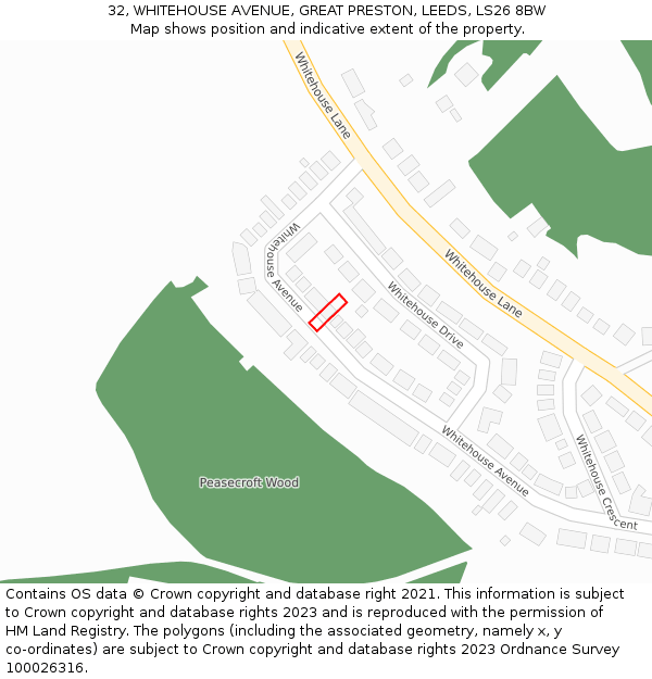 32, WHITEHOUSE AVENUE, GREAT PRESTON, LEEDS, LS26 8BW: Location map and indicative extent of plot