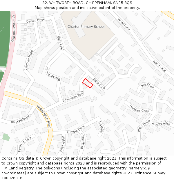 32, WHITWORTH ROAD, CHIPPENHAM, SN15 3QS: Location map and indicative extent of plot