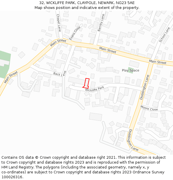 32, WICKLIFFE PARK, CLAYPOLE, NEWARK, NG23 5AE: Location map and indicative extent of plot
