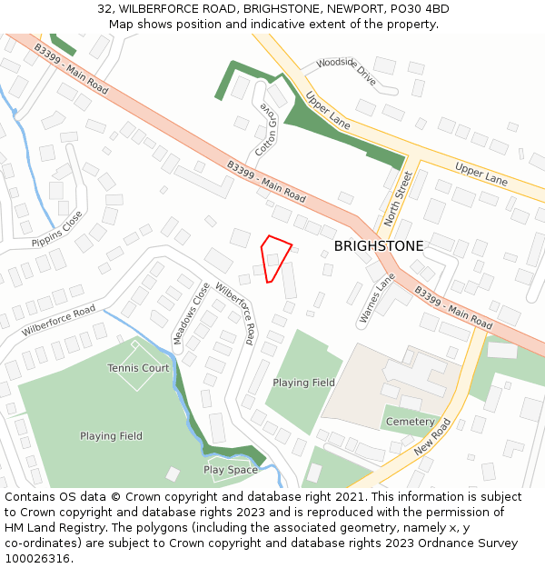 32, WILBERFORCE ROAD, BRIGHSTONE, NEWPORT, PO30 4BD: Location map and indicative extent of plot