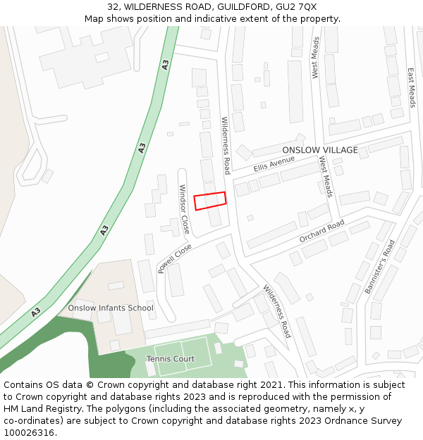 32, WILDERNESS ROAD, GUILDFORD, GU2 7QX: Location map and indicative extent of plot