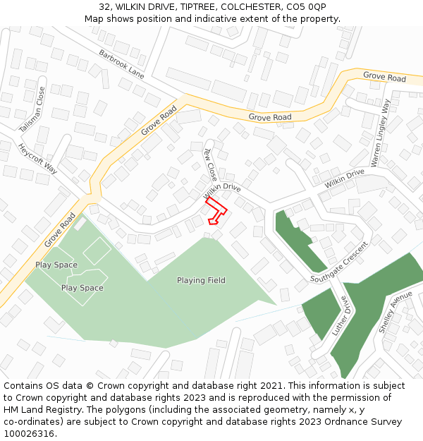 32, WILKIN DRIVE, TIPTREE, COLCHESTER, CO5 0QP: Location map and indicative extent of plot
