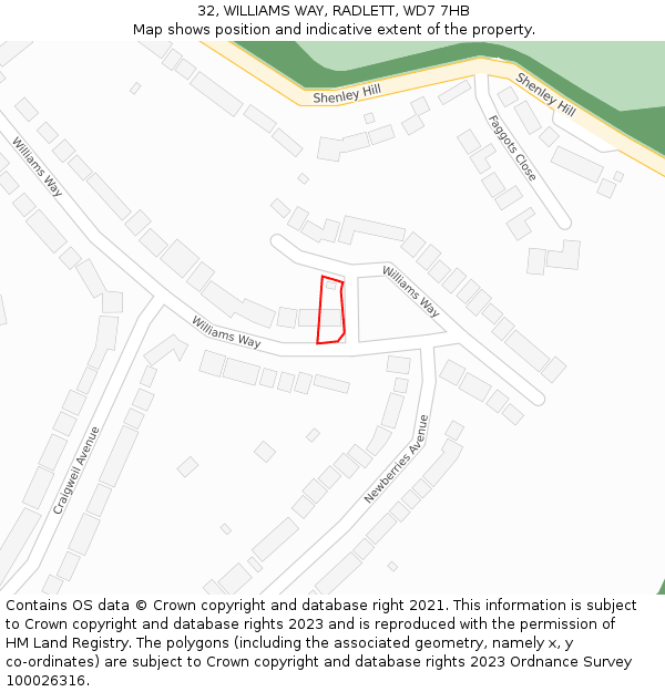 32, WILLIAMS WAY, RADLETT, WD7 7HB: Location map and indicative extent of plot