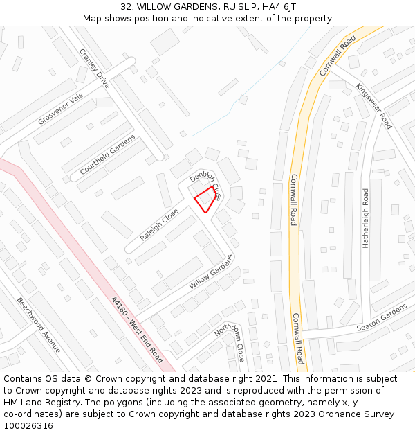 32, WILLOW GARDENS, RUISLIP, HA4 6JT: Location map and indicative extent of plot