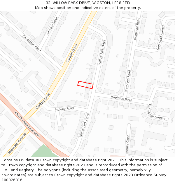32, WILLOW PARK DRIVE, WIGSTON, LE18 1ED: Location map and indicative extent of plot