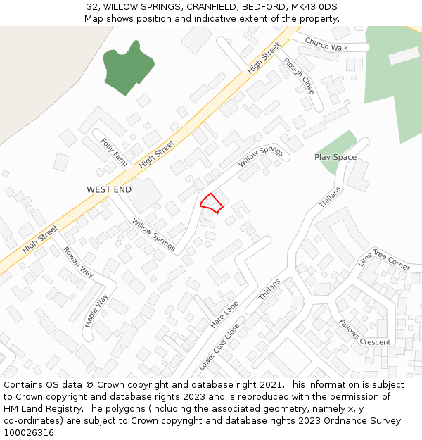 32, WILLOW SPRINGS, CRANFIELD, BEDFORD, MK43 0DS: Location map and indicative extent of plot