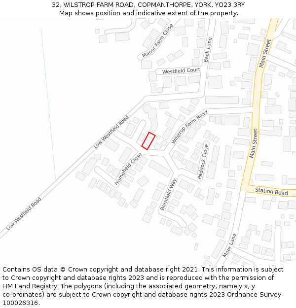 32, WILSTROP FARM ROAD, COPMANTHORPE, YORK, YO23 3RY: Location map and indicative extent of plot