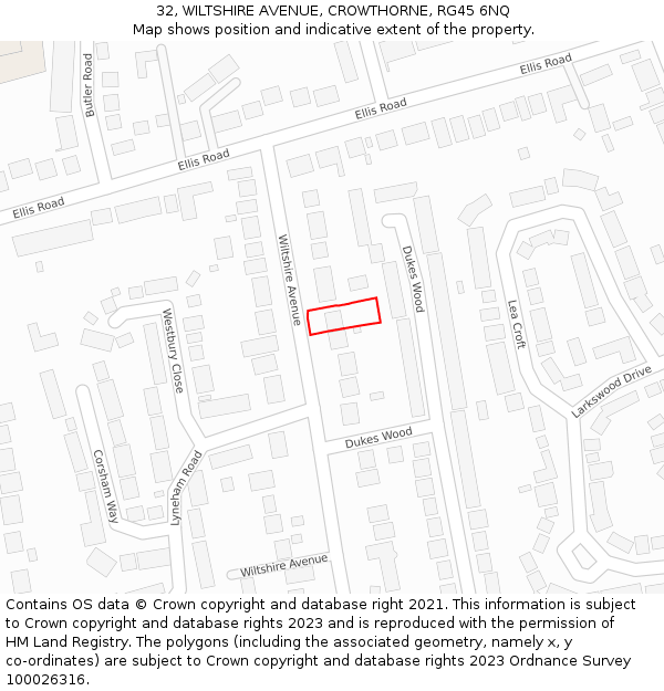 32, WILTSHIRE AVENUE, CROWTHORNE, RG45 6NQ: Location map and indicative extent of plot