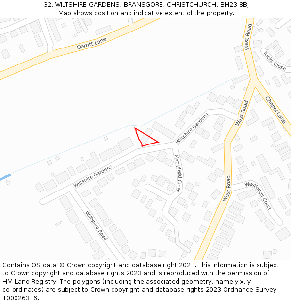 32, WILTSHIRE GARDENS, BRANSGORE, CHRISTCHURCH, BH23 8BJ: Location map and indicative extent of plot