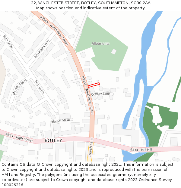 32, WINCHESTER STREET, BOTLEY, SOUTHAMPTON, SO30 2AA: Location map and indicative extent of plot