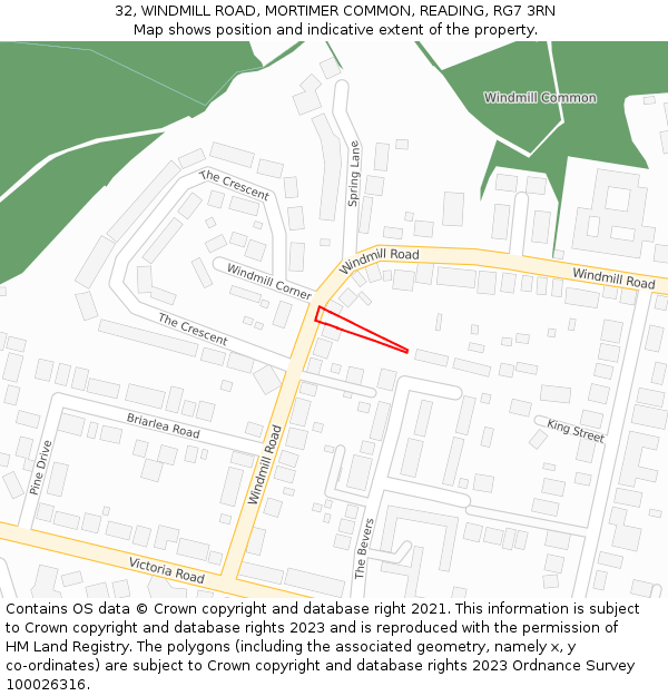 32, WINDMILL ROAD, MORTIMER COMMON, READING, RG7 3RN: Location map and indicative extent of plot