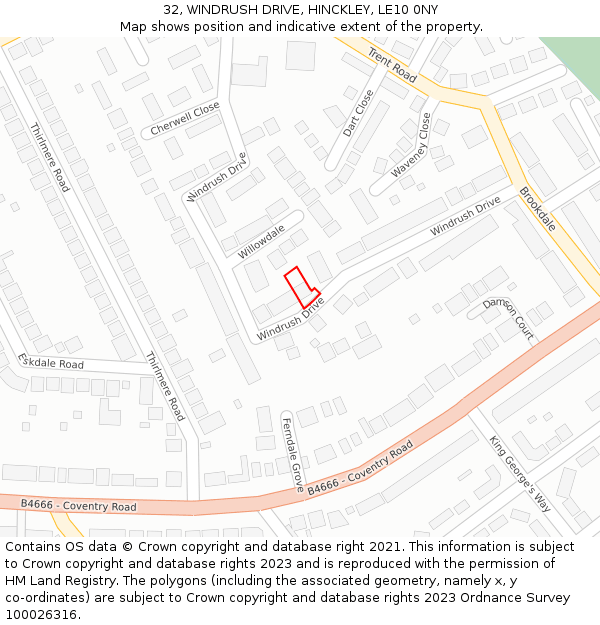 32, WINDRUSH DRIVE, HINCKLEY, LE10 0NY: Location map and indicative extent of plot