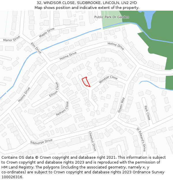 32, WINDSOR CLOSE, SUDBROOKE, LINCOLN, LN2 2YD: Location map and indicative extent of plot