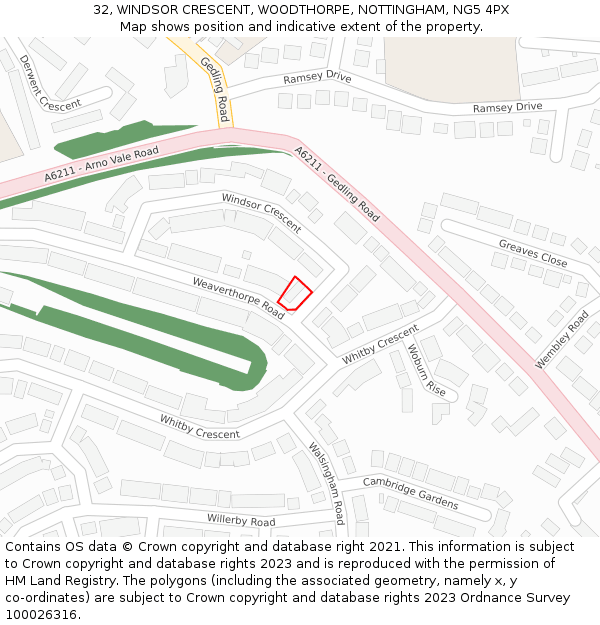 32, WINDSOR CRESCENT, WOODTHORPE, NOTTINGHAM, NG5 4PX: Location map and indicative extent of plot