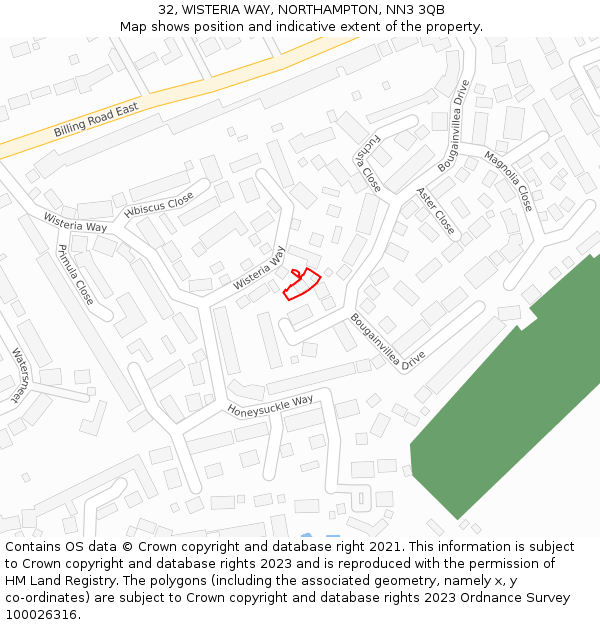 32, WISTERIA WAY, NORTHAMPTON, NN3 3QB: Location map and indicative extent of plot