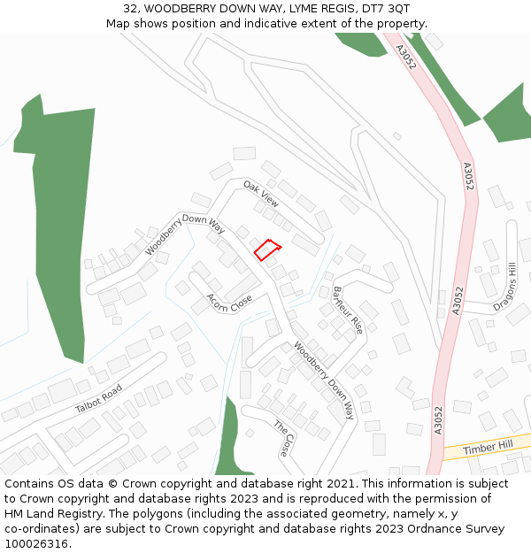 32, WOODBERRY DOWN WAY, LYME REGIS, DT7 3QT: Location map and indicative extent of plot