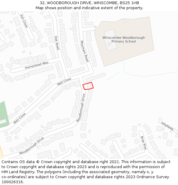 32, WOODBOROUGH DRIVE, WINSCOMBE, BS25 1HB: Location map and indicative extent of plot