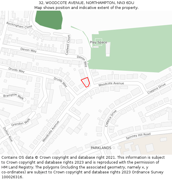 32, WOODCOTE AVENUE, NORTHAMPTON, NN3 6DU: Location map and indicative extent of plot