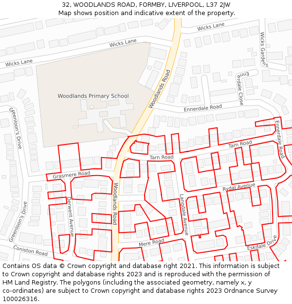 32, WOODLANDS ROAD, FORMBY, LIVERPOOL, L37 2JW: Location map and indicative extent of plot