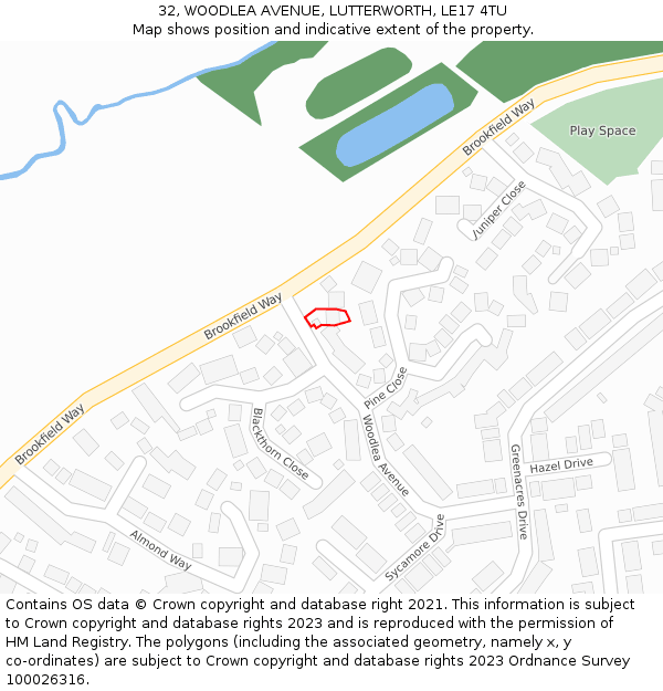32, WOODLEA AVENUE, LUTTERWORTH, LE17 4TU: Location map and indicative extent of plot