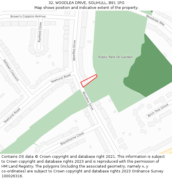 32, WOODLEA DRIVE, SOLIHULL, B91 1PG: Location map and indicative extent of plot