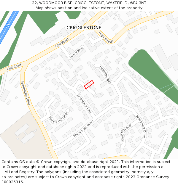 32, WOODMOOR RISE, CRIGGLESTONE, WAKEFIELD, WF4 3NT: Location map and indicative extent of plot