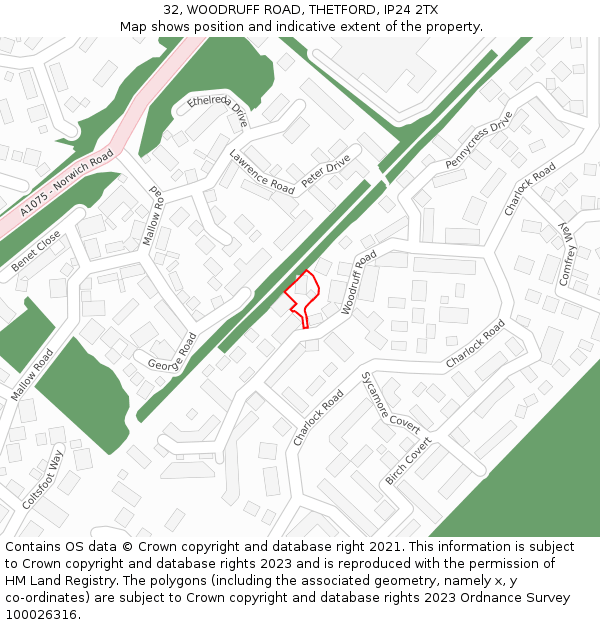 32, WOODRUFF ROAD, THETFORD, IP24 2TX: Location map and indicative extent of plot
