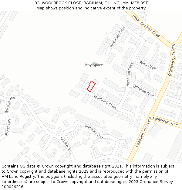32, WOOLBROOK CLOSE, RAINHAM, GILLINGHAM, ME8 8ST: Location map and indicative extent of plot