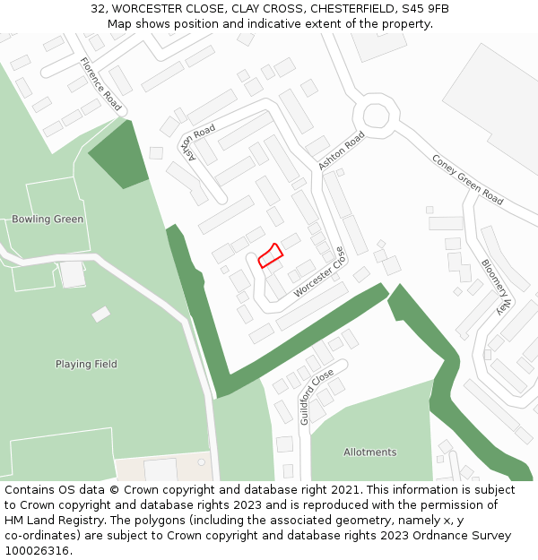 32, WORCESTER CLOSE, CLAY CROSS, CHESTERFIELD, S45 9FB: Location map and indicative extent of plot