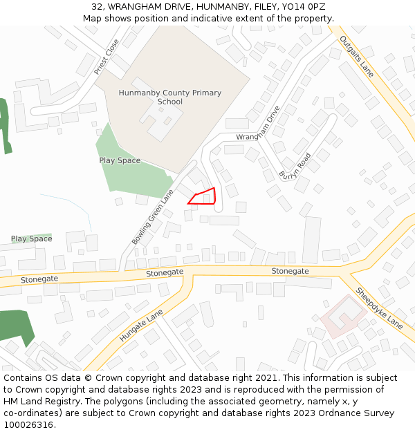 32, WRANGHAM DRIVE, HUNMANBY, FILEY, YO14 0PZ: Location map and indicative extent of plot