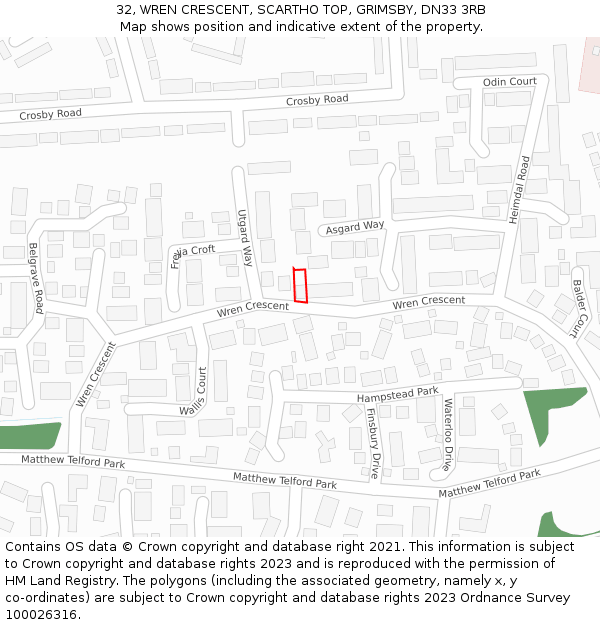 32, WREN CRESCENT, SCARTHO TOP, GRIMSBY, DN33 3RB: Location map and indicative extent of plot