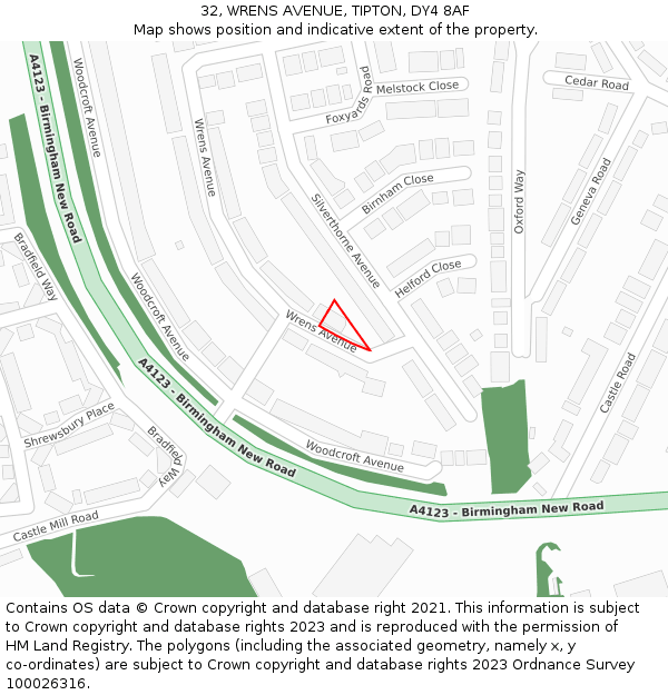 32, WRENS AVENUE, TIPTON, DY4 8AF: Location map and indicative extent of plot