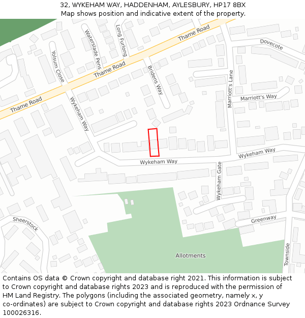 32, WYKEHAM WAY, HADDENHAM, AYLESBURY, HP17 8BX: Location map and indicative extent of plot
